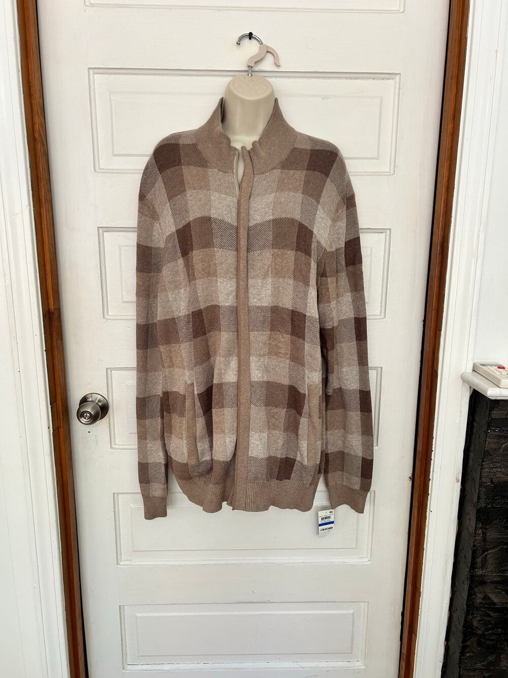 Tasso Elba Women's Full Zip Sweater Brown Gingham Cozy Preppy NWT US Size XL